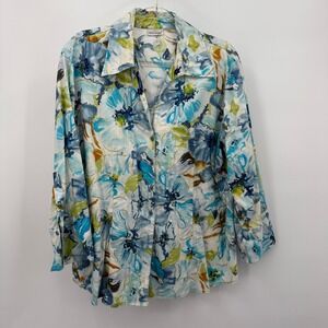 Harve Benard Woman 1X Floral Button Down Shirt Linen‎ Blend Blue Green